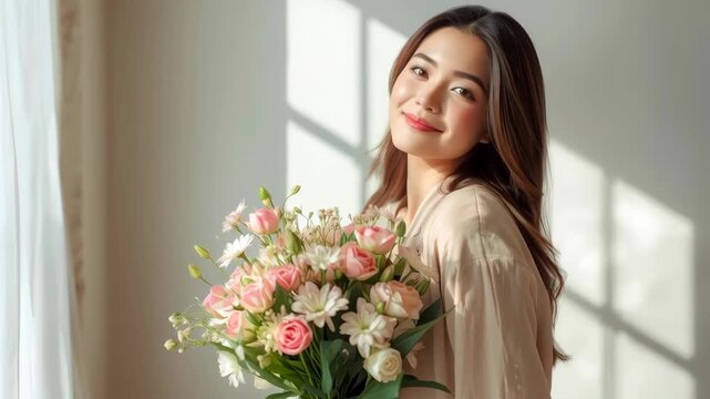 Smiling young woman with bouquet and flowers in soft window light portrait