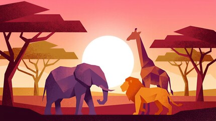 Stylized Animals Silhouettes In African Landscape