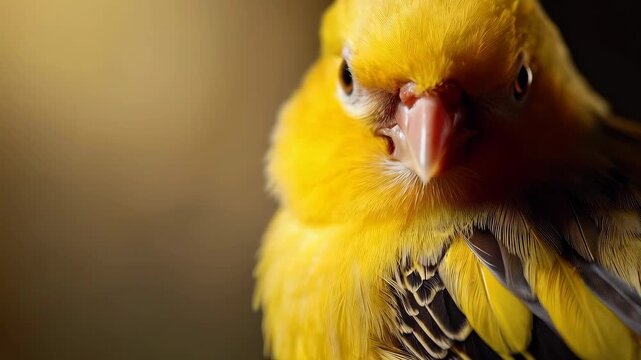 Yellow bird portrait in soft light, feather detail and close up blurred background