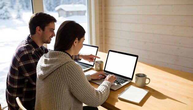 Young adult couple working on a laptop in a bright wooden cabin during winter, remote work and digital nomad lifestyle with snowy forest view for business and travel