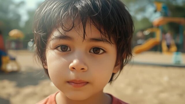 Curious child portrait in sunny outdoor playground with soft natural face closeup light