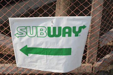 Fototapeta premium grungy plastic sign with Subway sandwich shop logo (near 45 Wicksteed Av, SmartCentres, East York Toronto)