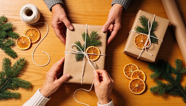 Senior hands wrapping Christmas gifts with brown paper and dried oranges on wooden table, festive holiday preparation and sustainable gift giving for winter celebration