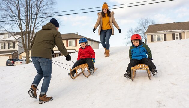 Father and mother playing with two young sons on wooden sleds at a snowy park hill, family bonding and outdoor winter recreation in a suburban residential area