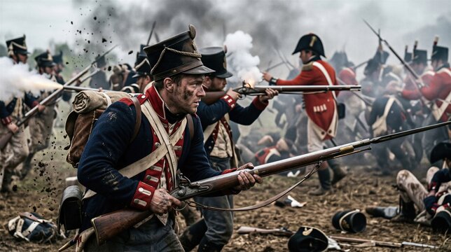 Soldier firing musket during massive historical battlefield charge. Infantryman in nineteenth century uniform fighting in chaotic war. Napoleonic era military conflict and combat action.
