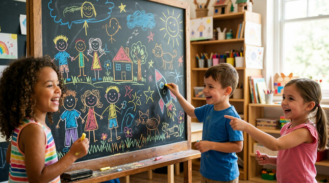 Happy children drawing with colorful chalk on a large blackboard. Kids creating artwork in a bright classroom. Creative learning and childhood concept