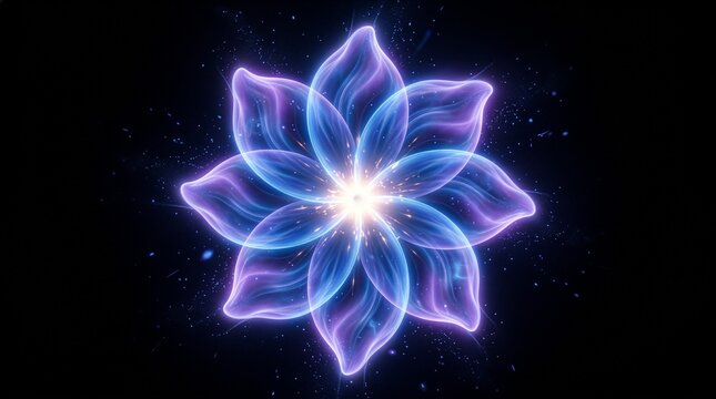 Abstract luminous flower made from eight soft glowing petals of blue and violet light, bright central core, translucent petal edges, subtle particles floating around the shape, magical ethereal atmosp