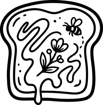 Hand-drawn Toast with Honey Drizzle, Bee and Flower Illustration
