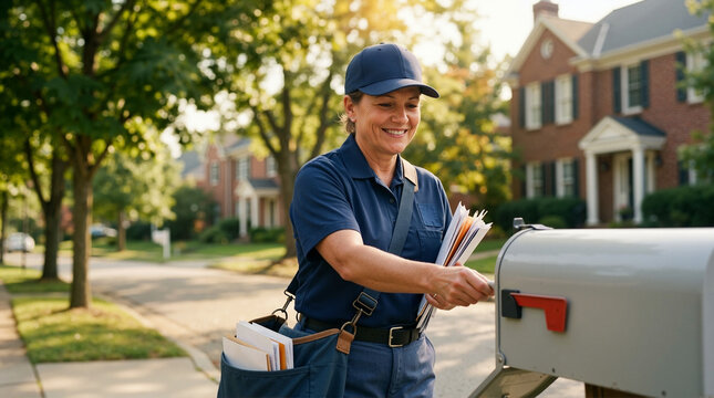Smiling female postal worker delivering letters to a suburban mailbox. Mail carrier in blue uniform with mailbag on a sunny street