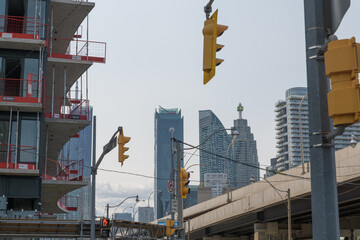 Fototapeta premium looking northwest from Lower Sherbourne to buildings (Pinnacle Lakeside, CIBC Square, L-Tower, TD Canada Trust Tower) and road infrastructure at Lake Shore Blvd E, Toronto