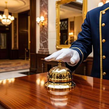 Gloved hand pressing brass service bell at hotel counter.