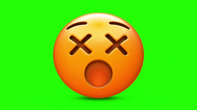 3D Glossy Dizzy Emoji Character with Crossed X Eyes, Shocked Open Mouth, and Curved Eyebrows Extruded Out 4k stock animation video on a green screen for chroma key background.