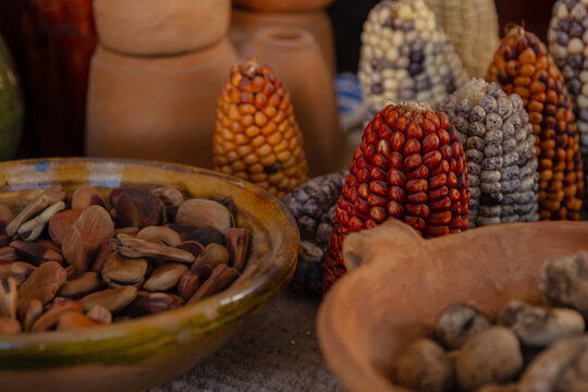 Traditional Andean ingredients from Arequipa, Peru, including potatoes, corn and beans