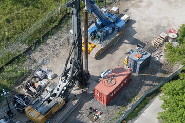 Fototapeta premium bird's eye view of a construction site (Ontario Line) in the Don Valley (near Leaside Bridge), Toronto