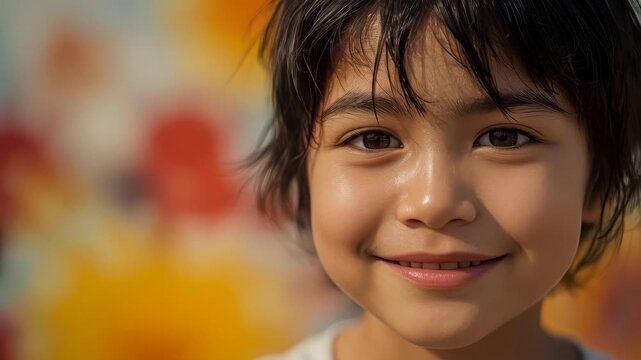Smiling child portrait closeup young face with soft warm blur background and warm light