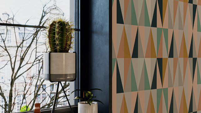 3D rendering illustration of a potted cactus on a tripod stand placed by a window next to a stylish colorful geometric triangle pattern accent wall in a modern living room interior.