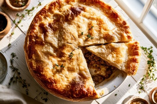 Overhead view of a homemade tourtiere on a white wooden surface with copy space