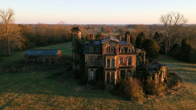 Overgrown grounds surround a dilapidated Italianate manor and greenhouse in Farmville area
