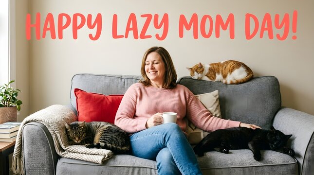 Happy national lazy mom day greeting card featuring a woman relaxing on a sofa with a cat with resting couch holding mug beside sleeping festive .
