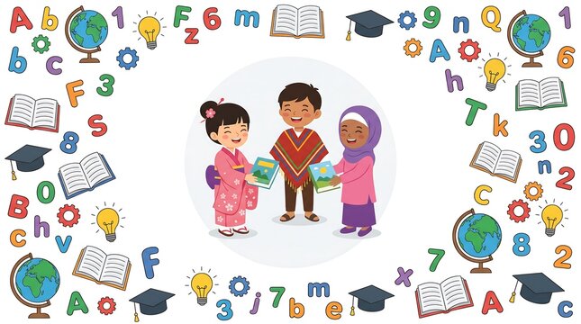 Kids celebrating literacy surrounded by flying letters and educational elements