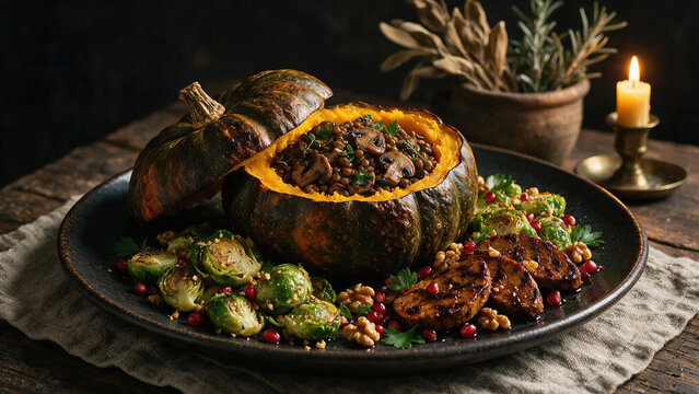 Whole roasted kabocha squash stuffed with lentils and mushrooms, served with Brussels sprouts and glazed seitan on a rustic dark table.
