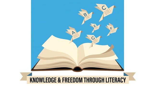 Open book with flying doves and text knowledge and wisdom through literacy