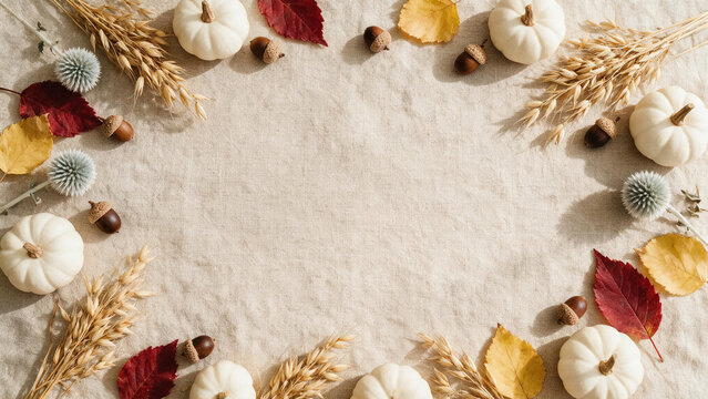 Minimalist autumn flat lay frame with white pumpkins, dried wheat, and fall leaves on linen fabric. Thanksgiving greeting card template with central copy space.