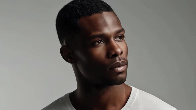 Portrait of thoughtful black man, headshot profile in white shirt against soft gray background
