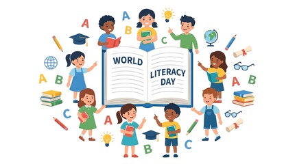 Fototapeta premium Children standing around a poster frame holding letters for World Literacy Day