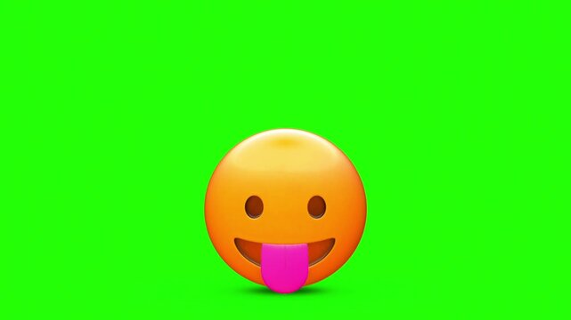 3D Glossy Face with Tongue Emoji Character with Round Hollow Eyes and Wide Smile Extruded Out 4k stock animation video on a green screen for chroma key background.