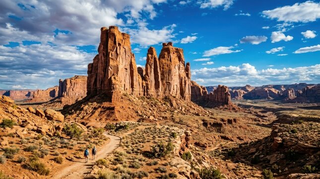 Towering sandstone monoliths rise majestically over a rugged desert landscape with hikers on a winding trail