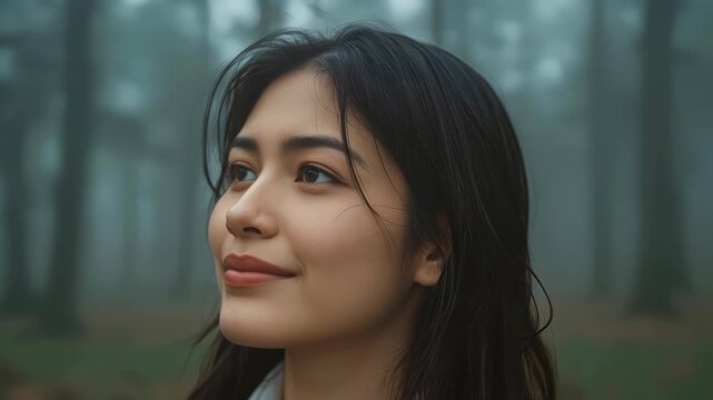 Closeup portrait of young woman face in misty forest with natural light, calm upward gaze