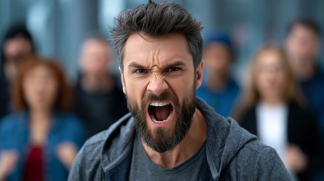 An intense portrait captures a bearded man screaming in rage with a blurred crowd background.