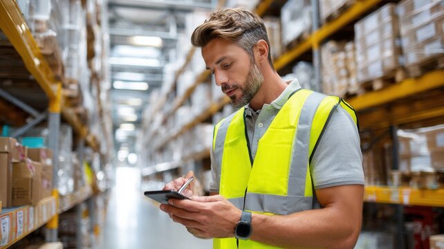 Male logistics manager in high vis vest checking inventory with digital tablet warehouse shelving against illuminated