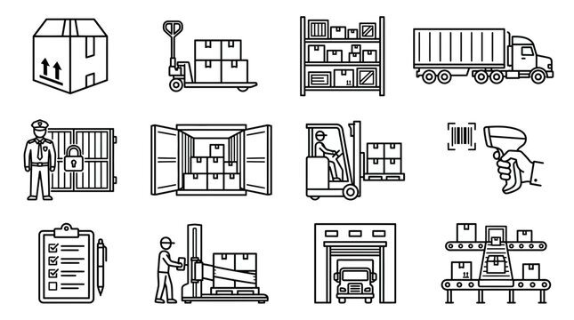 Warehouse logistics and inventory management icon set.