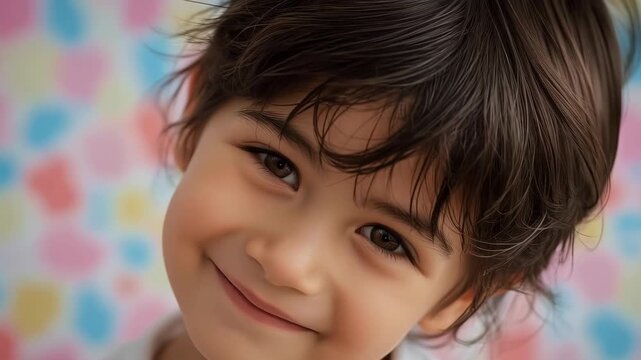 Smiling child portrait close up soft light pastel background Asian child neutral expression blurred