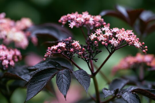 Photographic close-up of an ornamental elderberry shrub showing pink-white blossoms and textured leaves