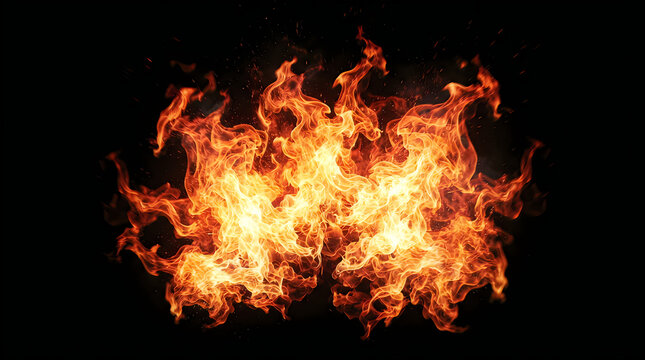 Flames design Fire effect isolated on black. Intense flame, element of disaster. Hot sparks ember and glow. Blaze of hot combustion burst. Stock visuals of heat, energy