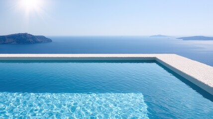 Fototapeta premium Infinity pool water reflecting sunlight with clear sky a view of blue sea and distant luxury travel islands