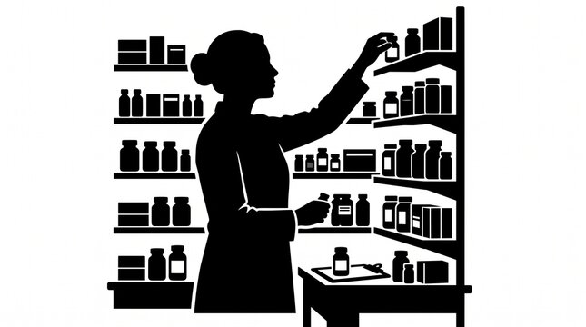 Pharmacist sorting medication bottles on pharmacy shelves silhouette