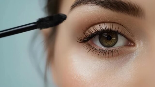 Close up eye makeup application woman with mascara brush, eyelash detail, beauty close up