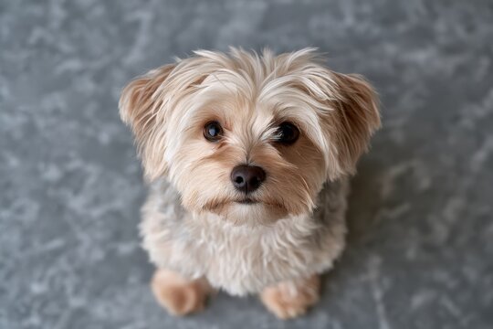 Playful Yorkiepoo posing on a smooth gray marbled surface