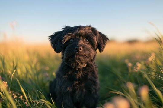 Playful Yorkipoo enjoying a bright summer field with soft bokeh