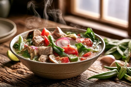 Pork sinigang in tamarind broth with vegetables served in a rustic ceramic bowl