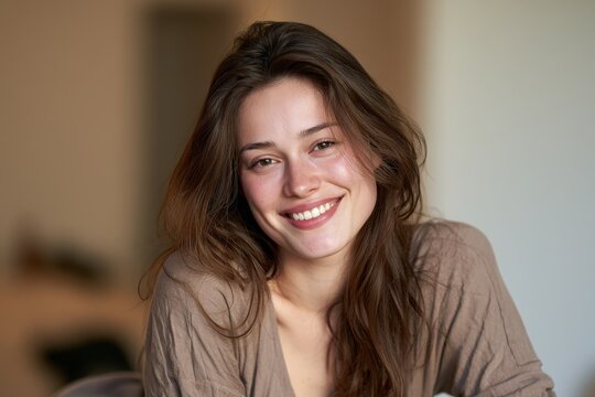 Portrait of a joyful young woman looking directly at the camera in soft natural light