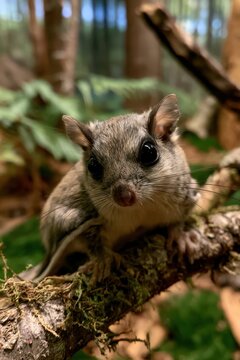Portrait of a Northern flying squirrel perched inside a monitored Minnesota wildlife enclosure