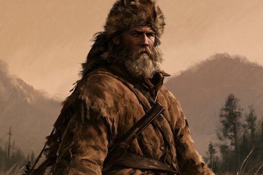 Portrait of a rugged 19th-century American frontiersman in buckskin and coonskin cap