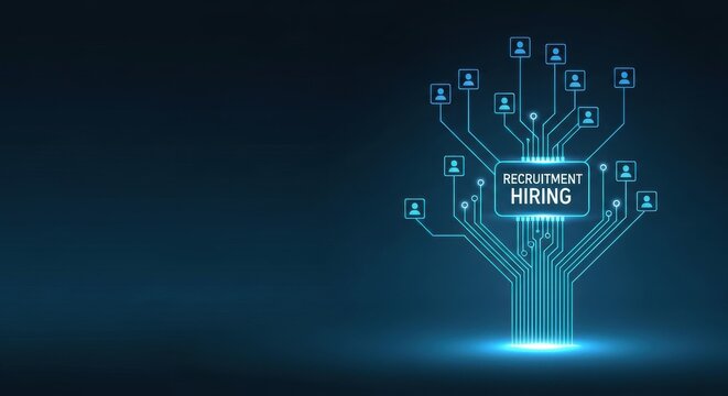 Digital recruitment and hiring network with connected people icons and data flow