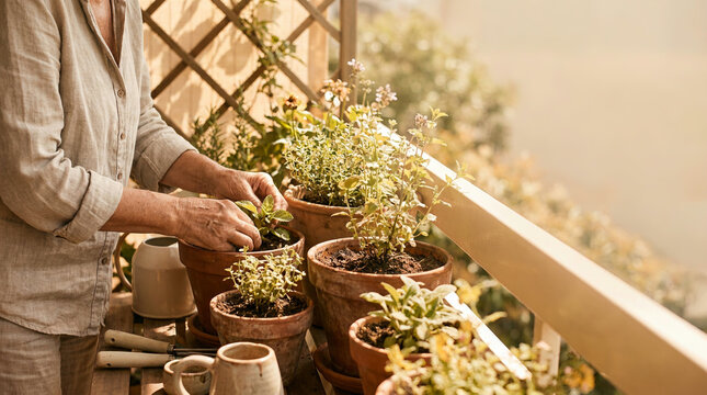 An older person wearing a linen shirt is tending to several terracotta pots filled with herbs on