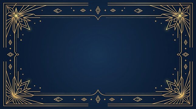 Luxury art deco frame with geometric gold lines and starburst corners on a dark blue background for elegant invitation design